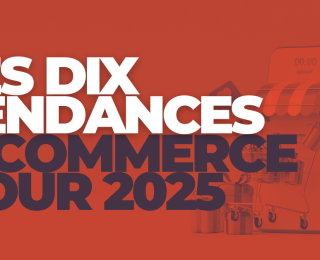 Image illustrant les 10 grandes tendances e-commerce à suivre en 2025, avec des objets de consommation flottants autour d'un écran d'achat.