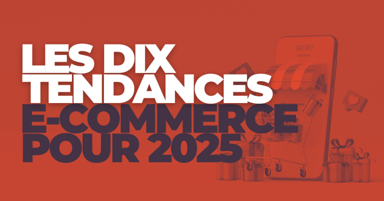 Image illustrant les 10 grandes tendances e-commerce à suivre en 2025, avec des objets de consommation flottants autour d'un écran d'achat.