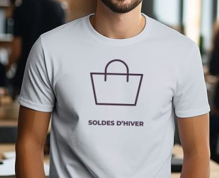 homme en tshirt avec icône panier e-commerce et soldes d'hiver